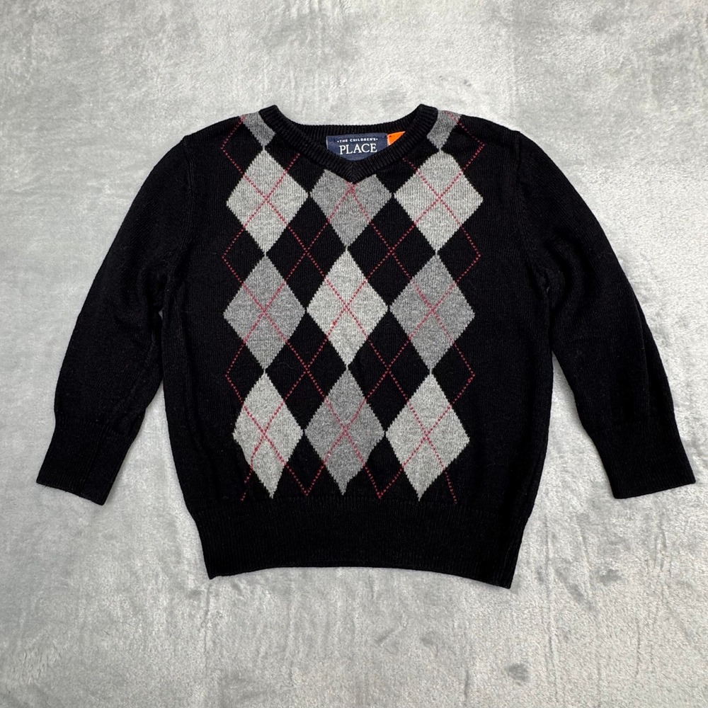 The Childrens Place Boys Argyle V-Neck Sweater Black Grey Red‎ 12-18M